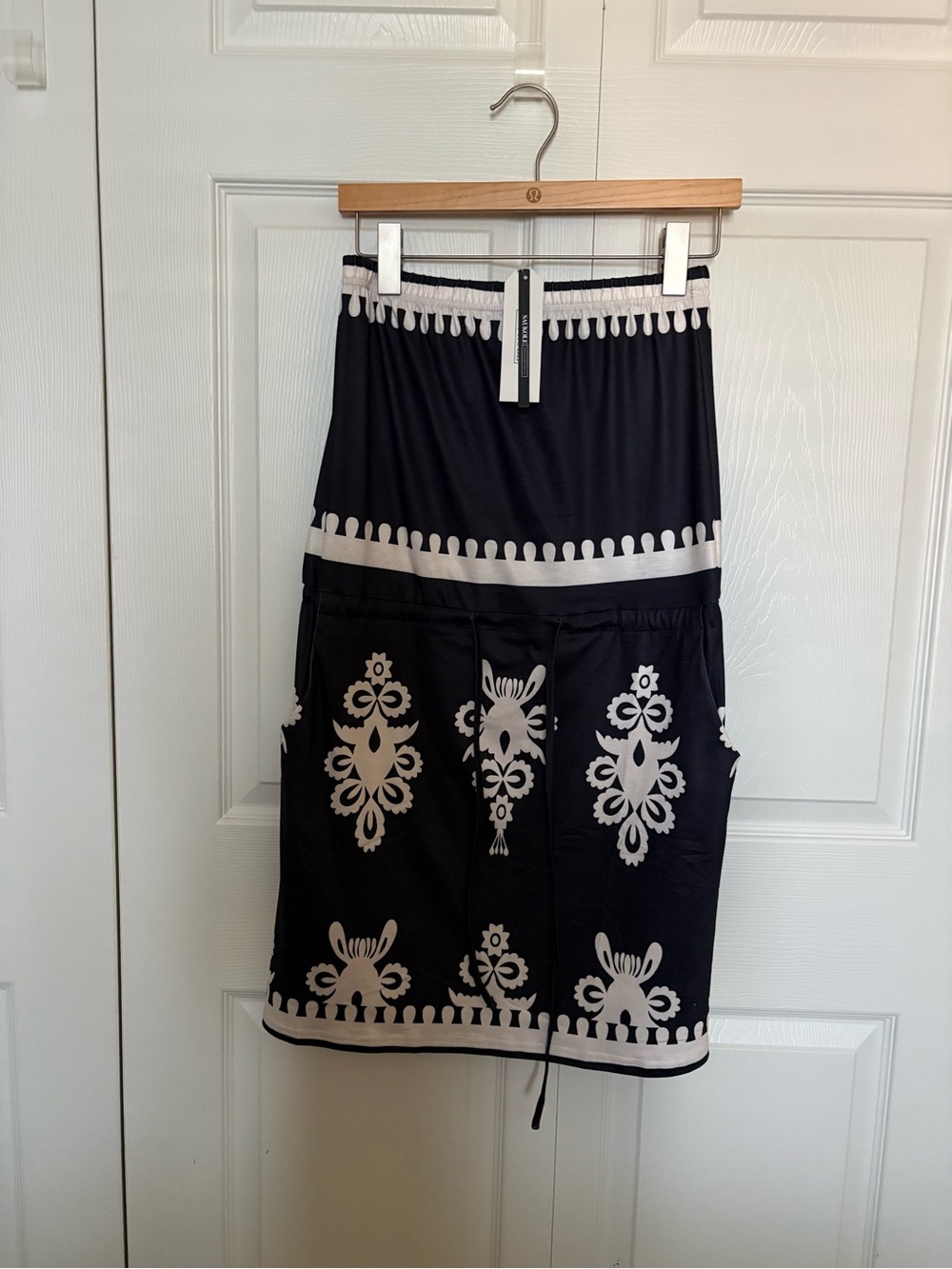 Strapless Black and Cream Pattern Dress with Decorative Print